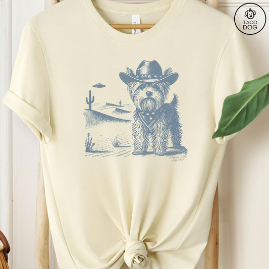 Yorkie Yorkshire Terrier Ink Space Cowboy UFO T-Shirt Natural Taco-Dog