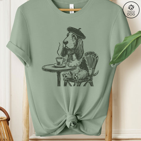 Basset Hound France Paris Cafe Coffee T-Shirt Sage Taco-Dog