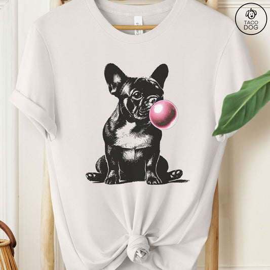 Frenchie French Bulldog Bubblegum Bubble Gum T-Shirt Vintage White Taco-Dog