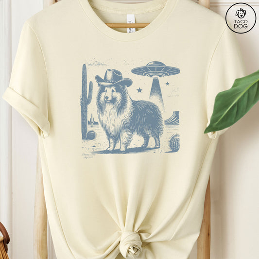 Sheltie Shetland Sheepdog Cowboy Ink Space Cowboy UFO T-Shirt Natural Taco-Dog