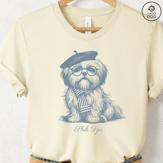Shih Tzu Beret France T-Shirt Natural Taco-Dog