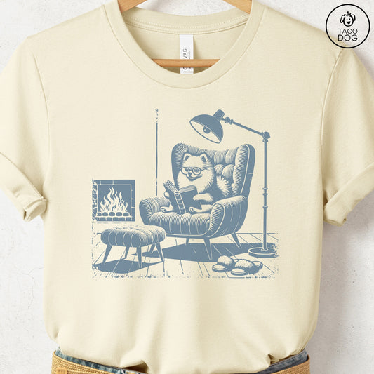 Pomeranian Reading Chair T-Shirt Natural Taco-Dog