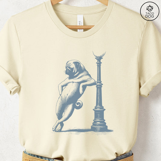 Pug Lamppost Leaning T-Shirt Natural Taco-Dog