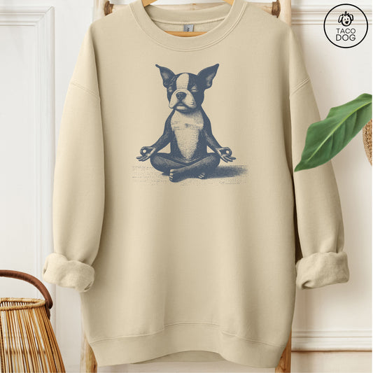 Boston Terrier Meditate Yoga Sweatshirt Sand Taco-Dog