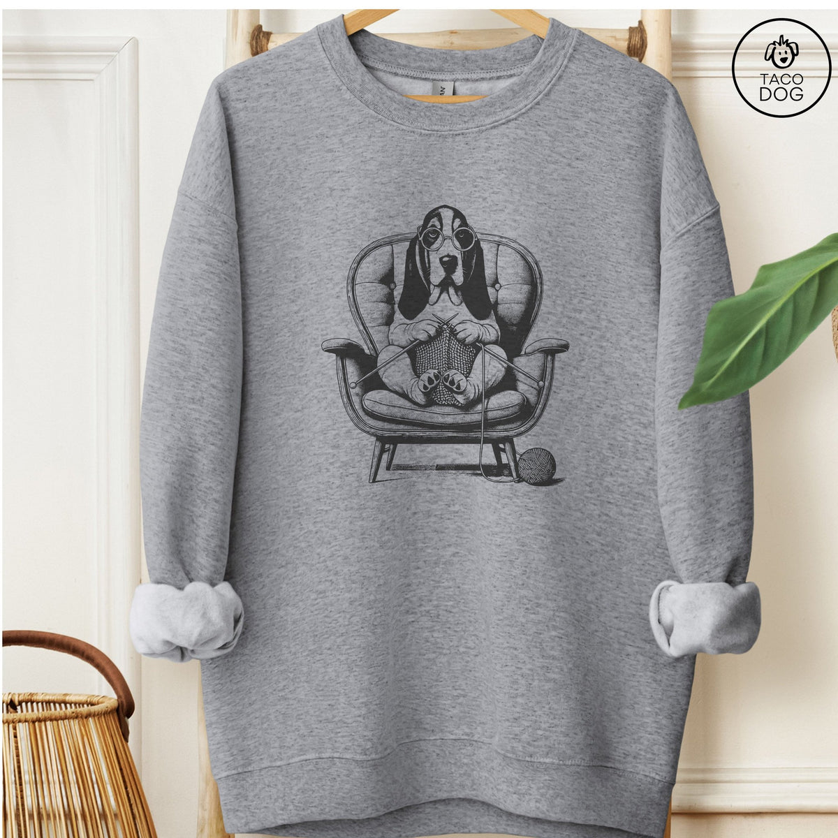 Basset Hound Knitting Sweatshirt Graphite Heather Taco-Dog
