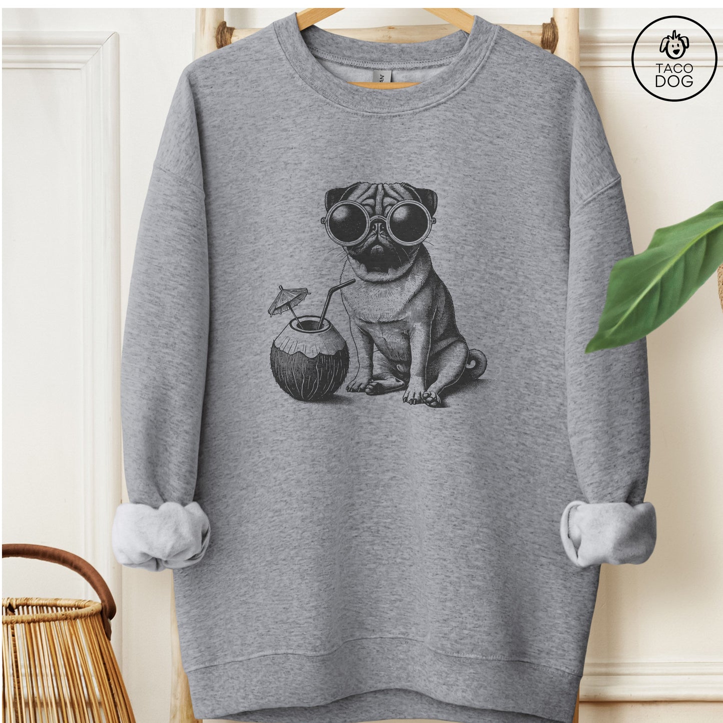 Pug Vacation Sweatshirt Graphite Heather Taco-Dog