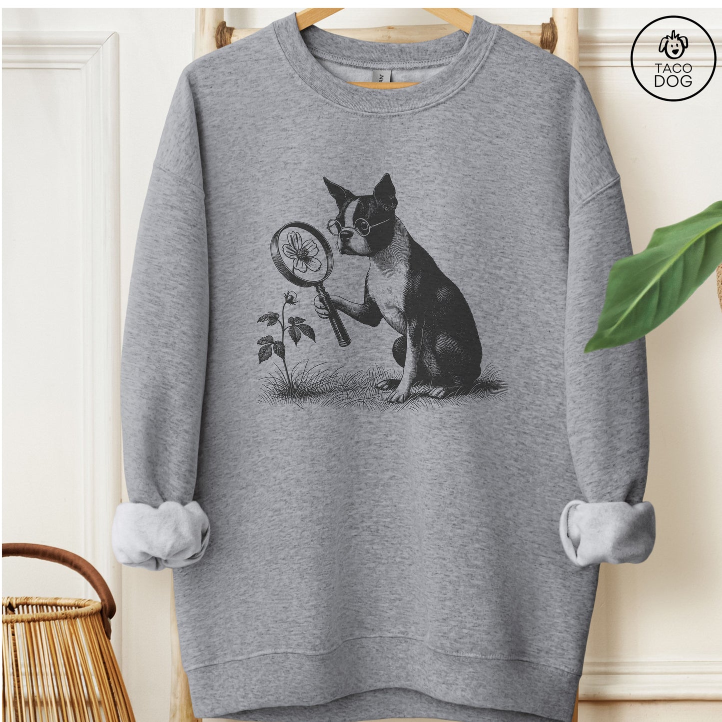 Boston Terrier Botanist Flower Sweatshirt Graphite Heather Taco-Dog