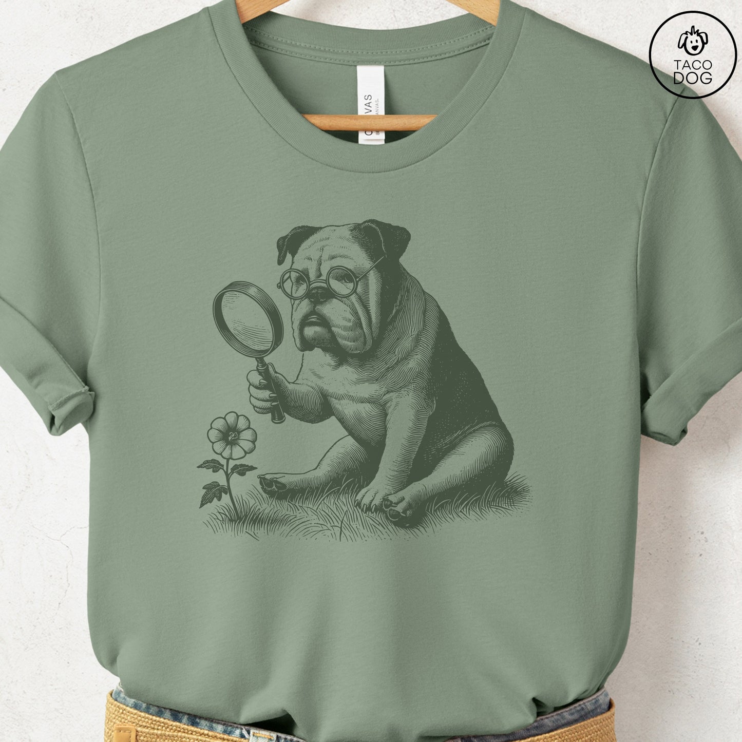 English Bulldog Botanist Flower T-Shirt Sage Taco-Dog