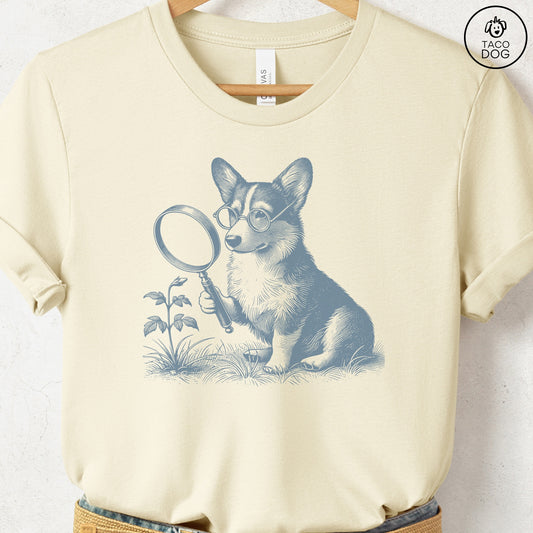 Corgi Botanist Flower T-Shirt Natural Taco-Dog