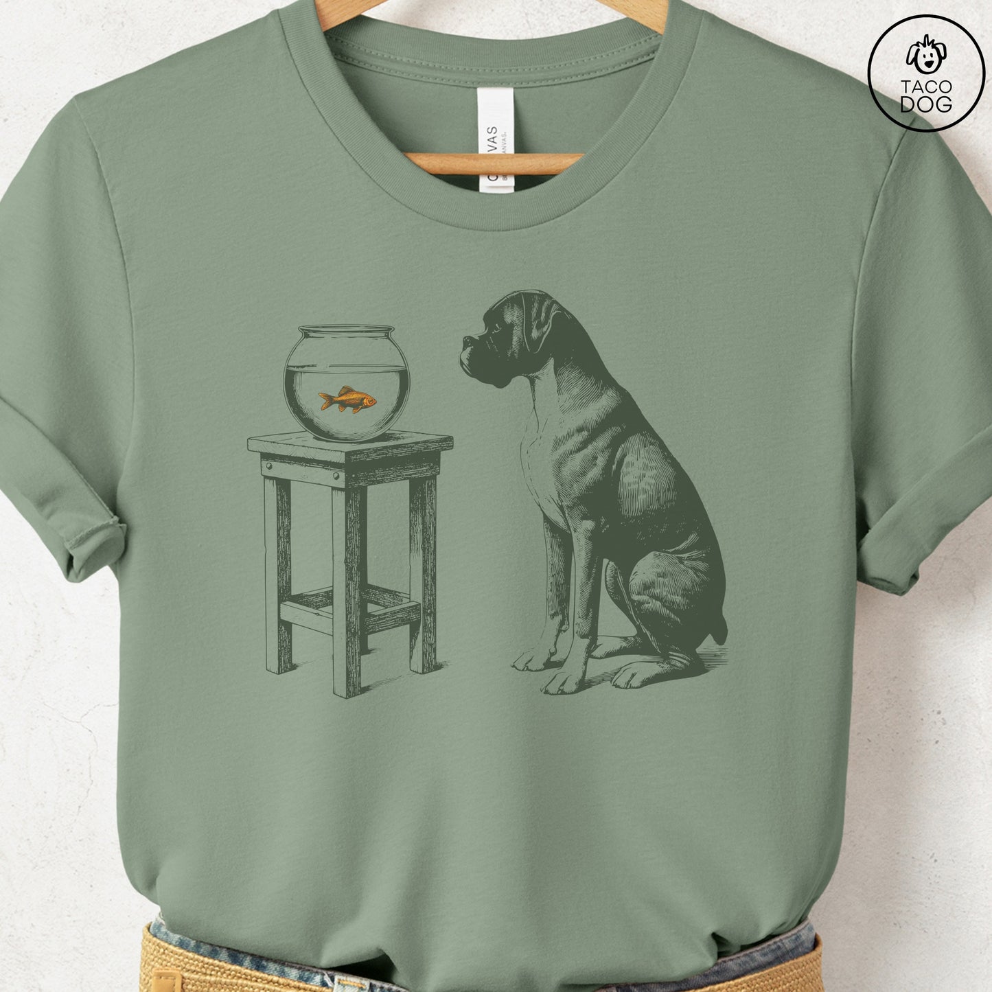 Boxer Dog Goldfish T-Shirt Sage Taco-Dog