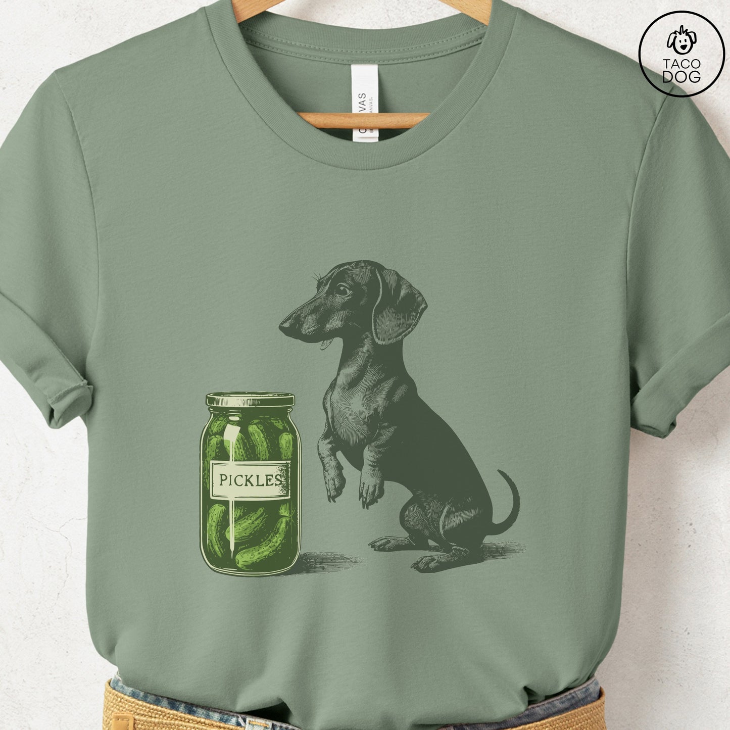 Dachshund Doxie Weenie Pickles T-Shirt Sage Taco-Dog