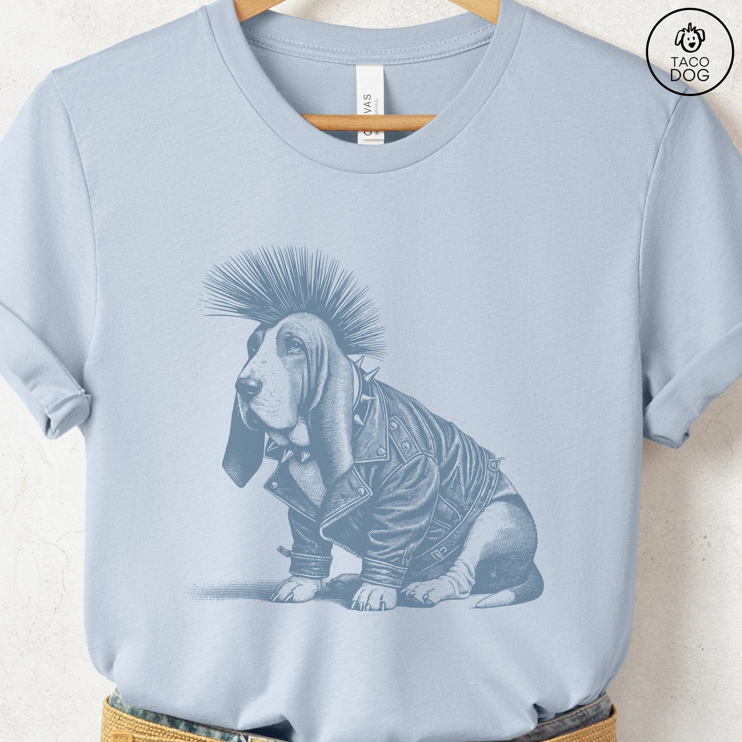 Basset Hound Punk T-Shirt Light Blue Taco-Dog