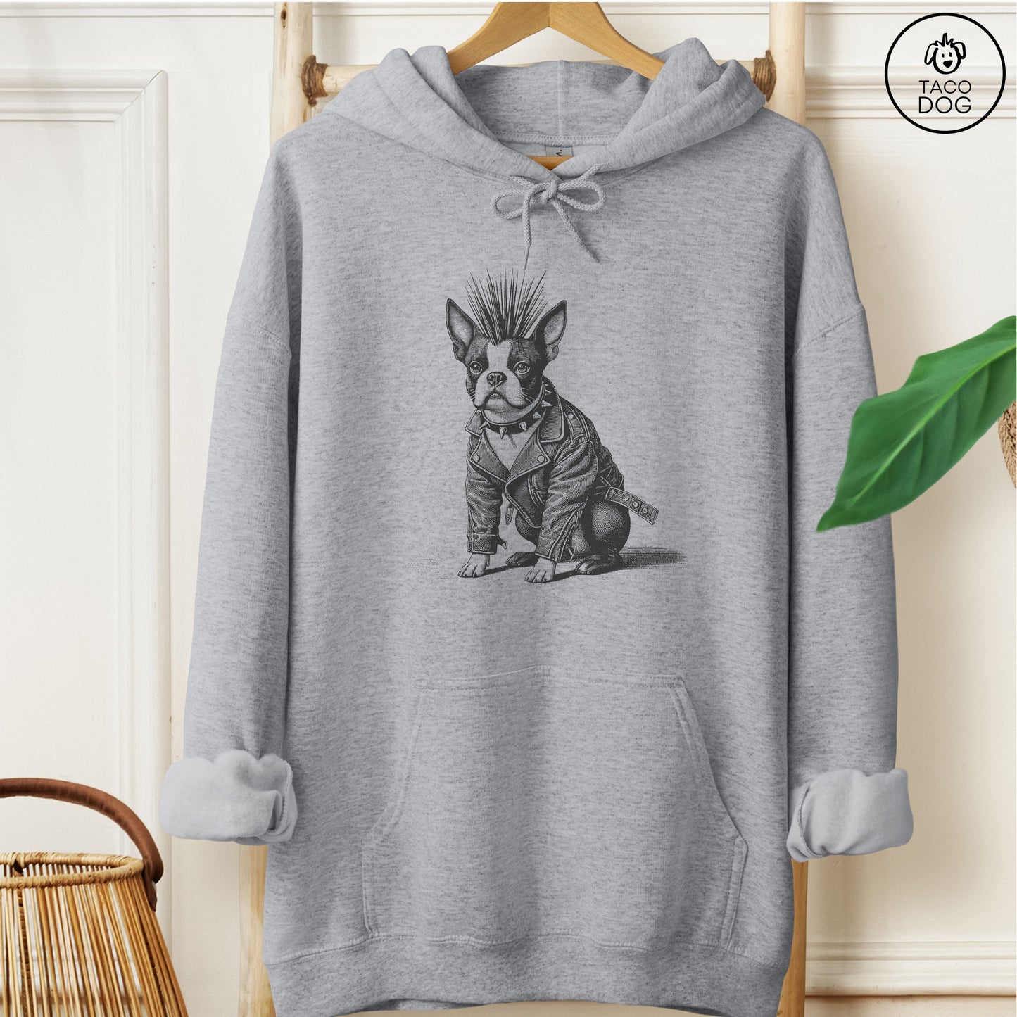 Boston Terrier Punk Hoodie Graphite Heather Taco-Dog
