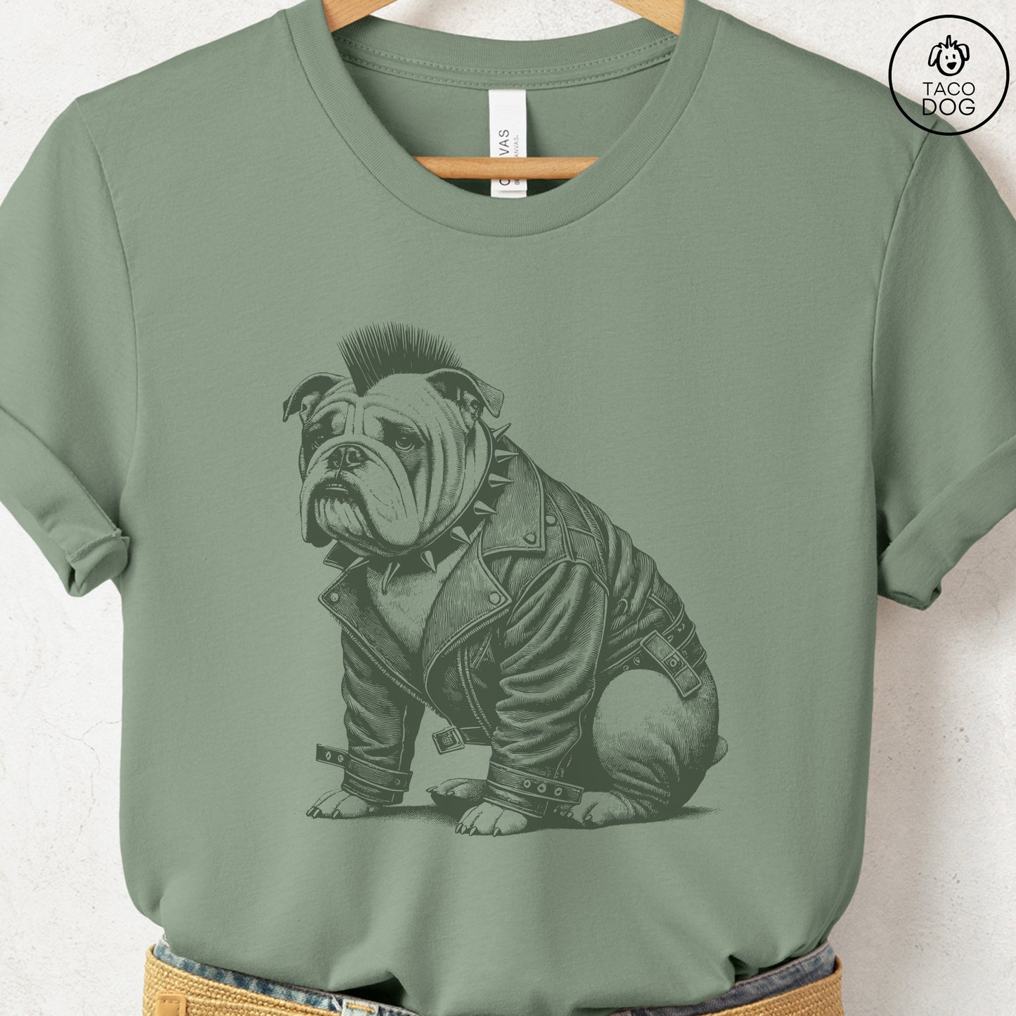 English Bulldog Dog Punk T-Shirt Sage Taco-Dog