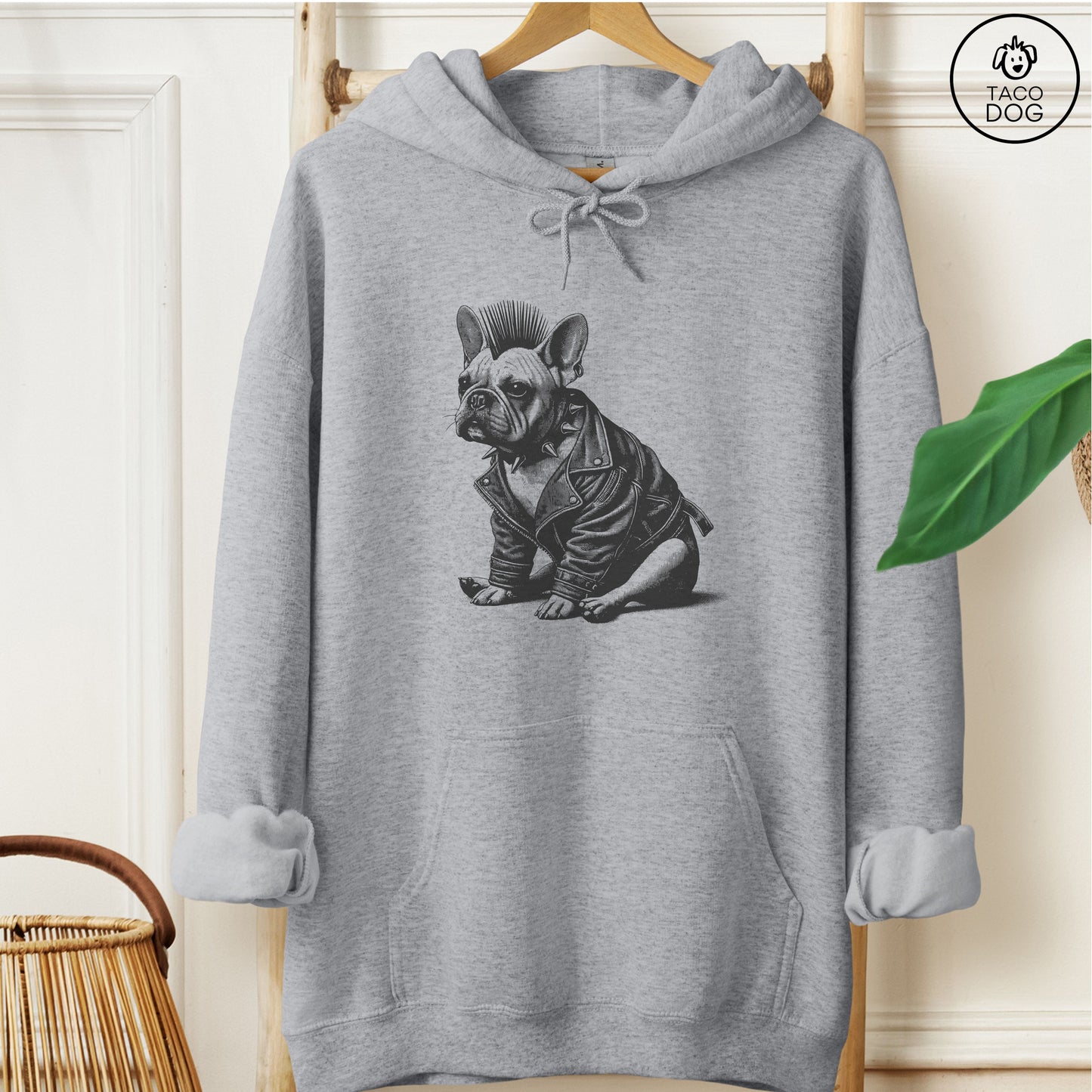 French Bulldog Frenchie Punk Hoodie Graphite Heather Taco-Dog