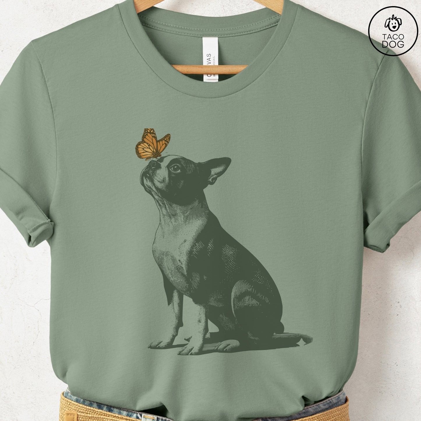 Boston Terrier Butterfly T-Shirt Sage Taco-Dog