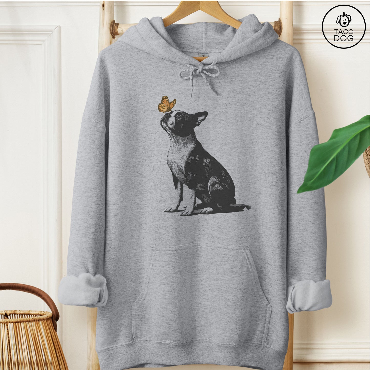 Boston Terrier Butterfly Hoodie Graphite Heather Taco-Dog