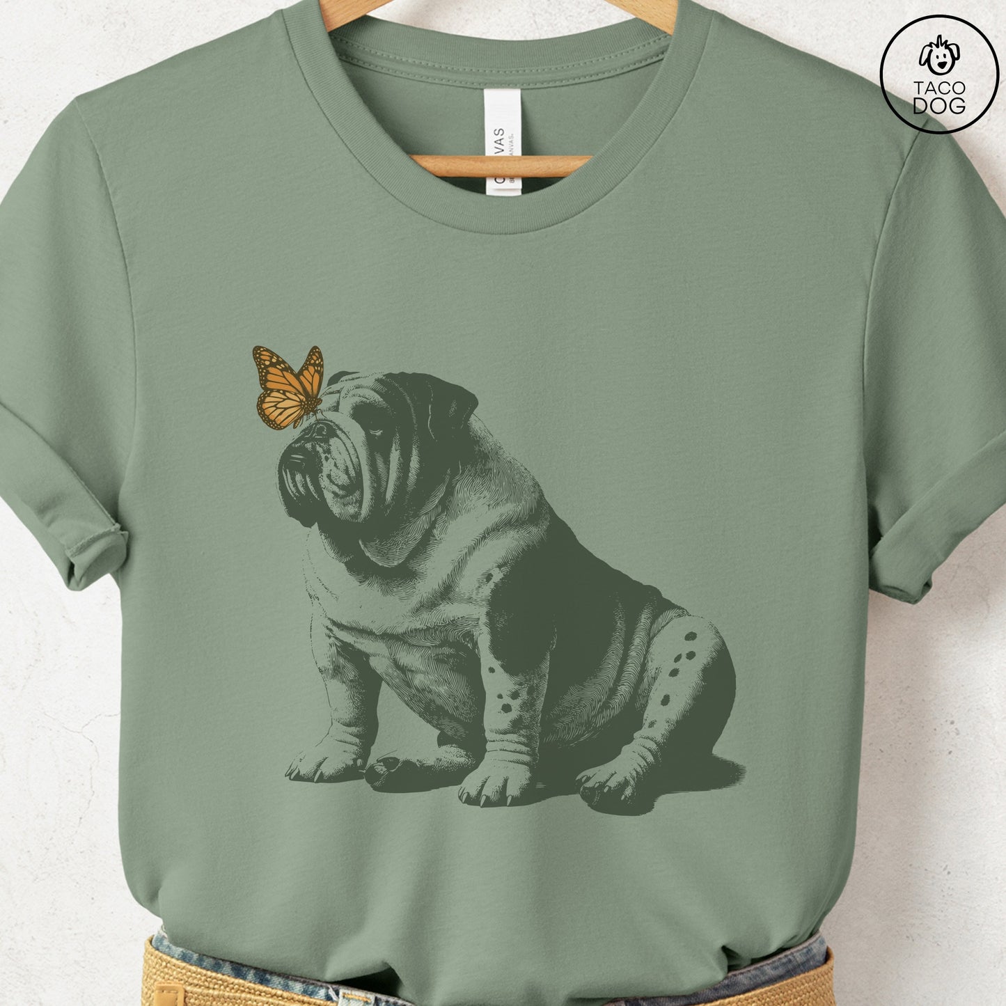 English Bulldog Butterfly T-Shirt Sage Taco-Dog