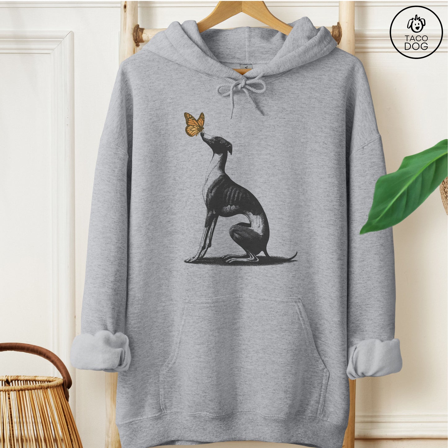 Italian Greyhound Whippet Iggy Butterfly Hoodie Graphite Heather Taco-Dog
