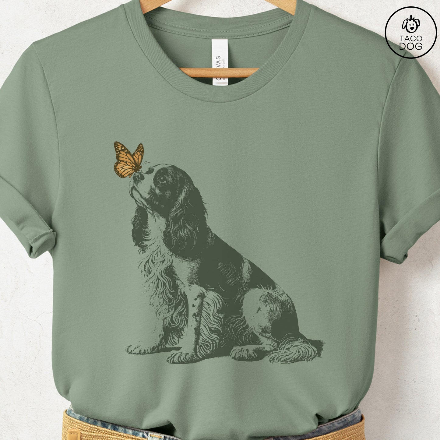 Cavalier King Charles Spaniel Butterfly T-Shirt Sage Taco-Dog