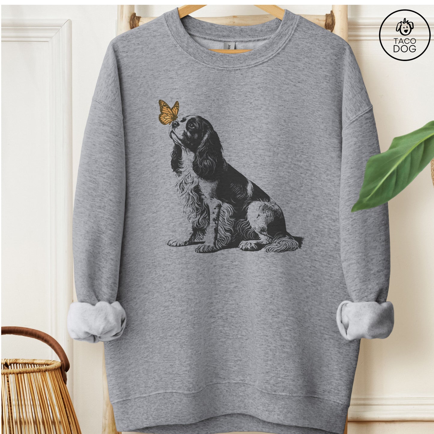 Cavalier King Charles Spaniel Butterfly Sweatshirt Graphite Heather Taco-Dog
