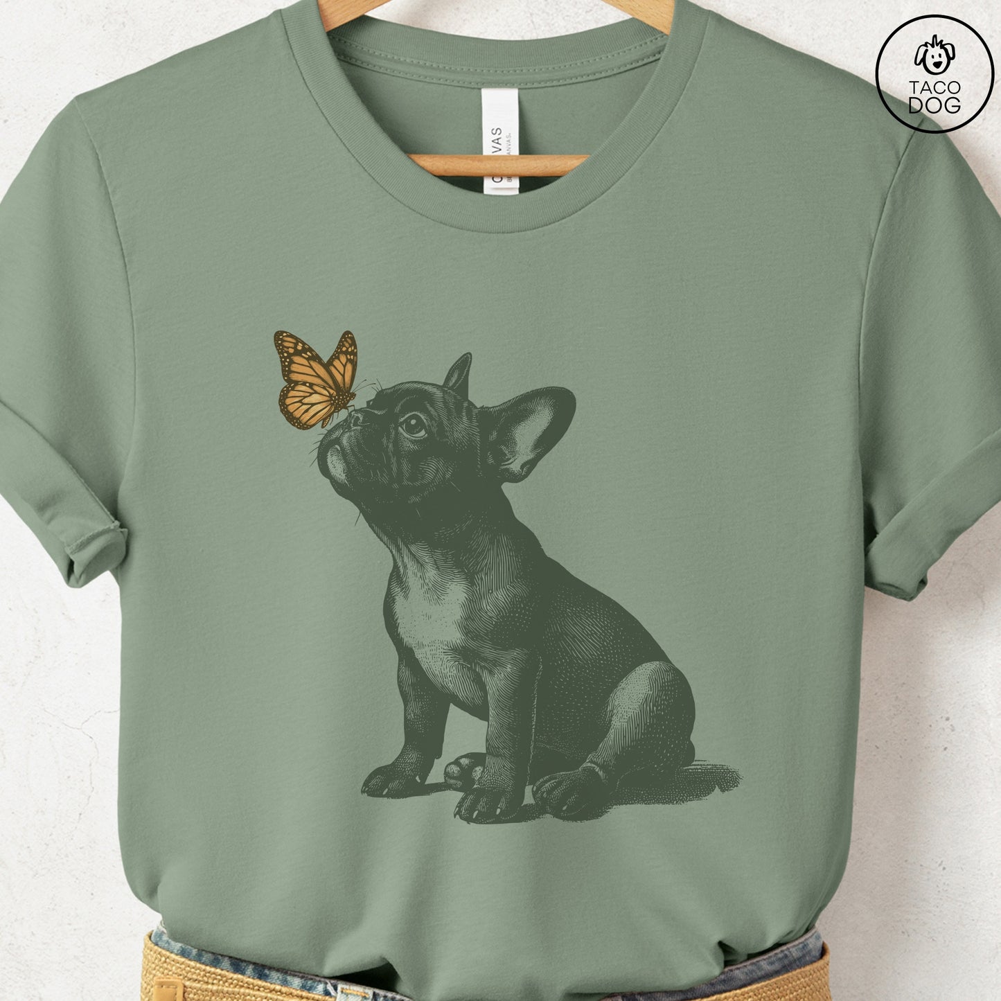 French Bulldog Frenchie Butterfly T-Shirt Sage Taco-Dog