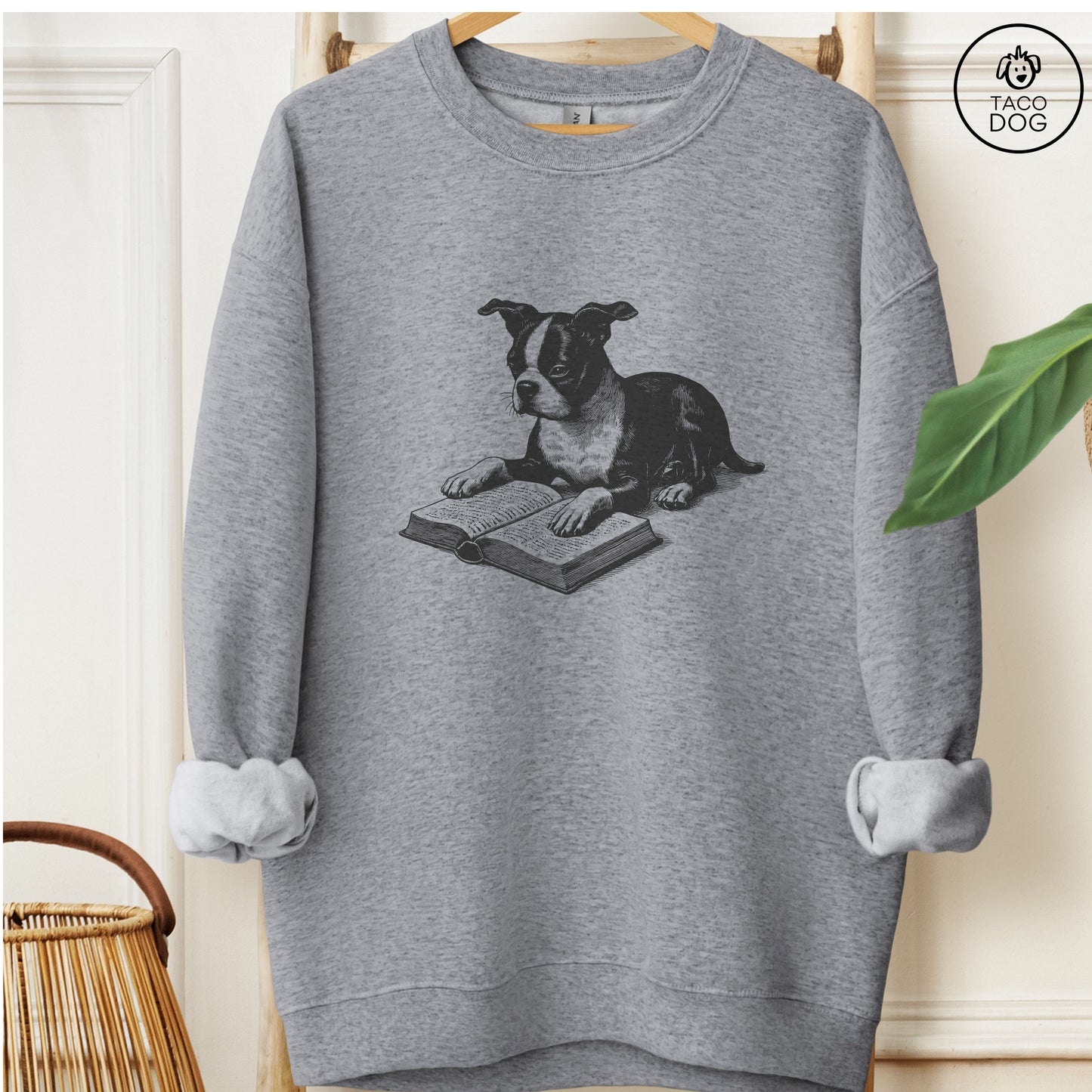 Boston Terrier Studying Book Sweatshirt Graphite Heather Taco-Dog