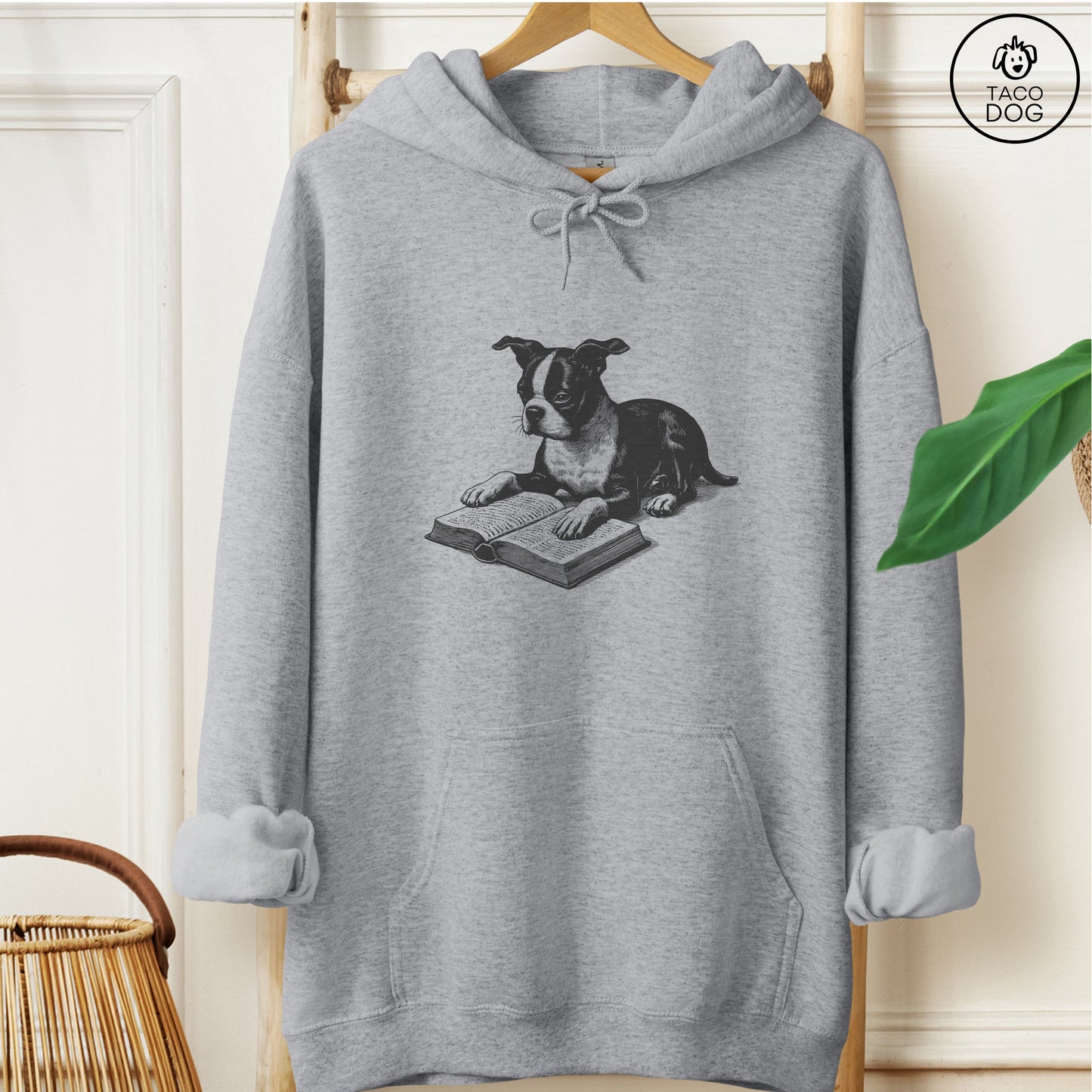Boston Terrier Studying Book Hoodie Graphite Heather Taco-Dog
