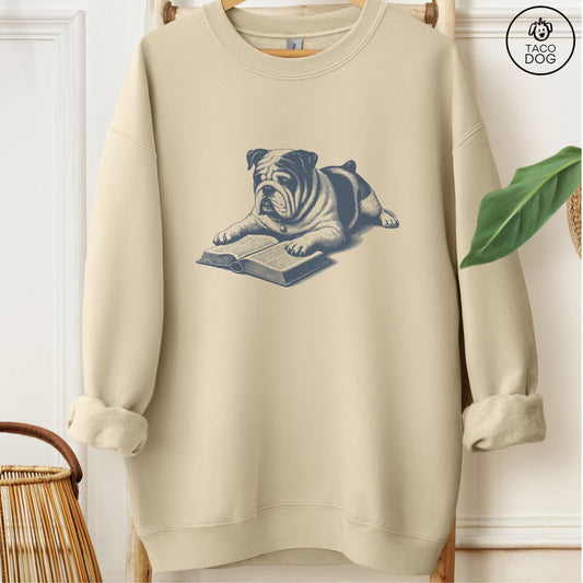 English Bulldog Studying Book Sweatshirt Sand Taco-Dog