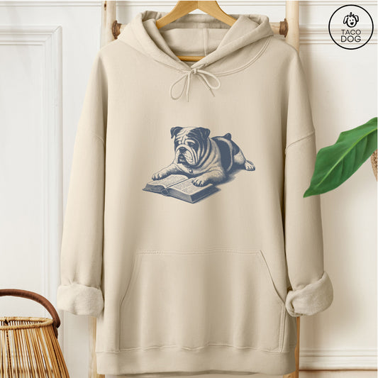 English Bulldog Studying Book Hoodie Sand Taco-Dog