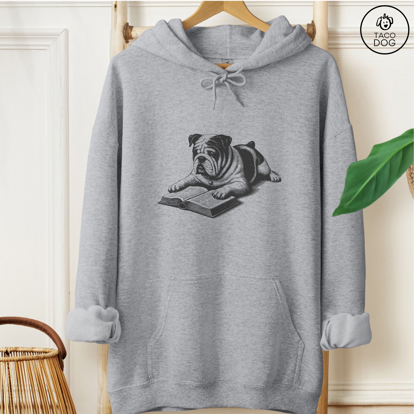English Bulldog Studying Book Hoodie Graphite Heather Taco-Dog