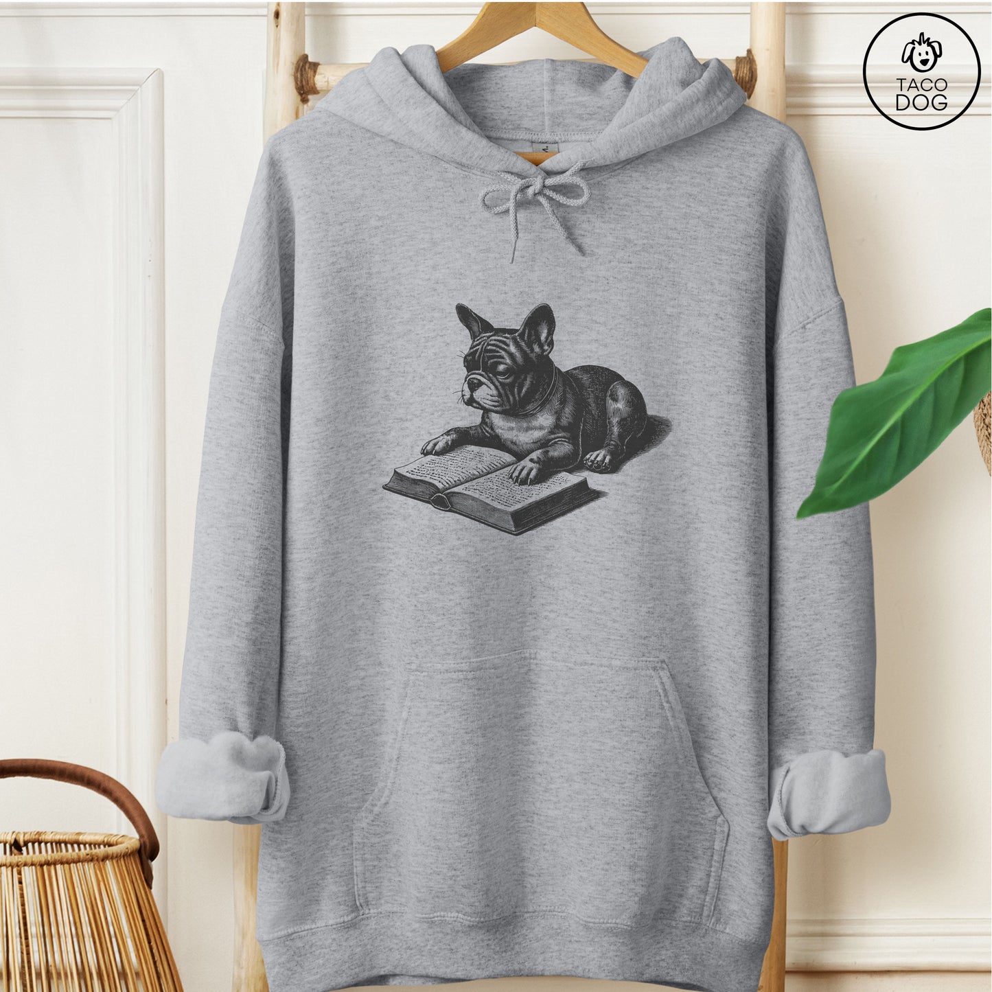 French Bulldog Frenchie Studying Book Hoodie Graphite Heather Taco-Dog