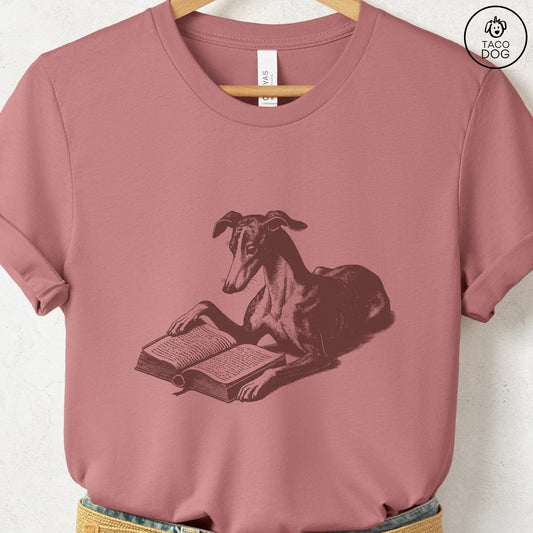 Italian Greyhound Whippet Iggy Studying Book T-Shirt Heather Mauve Taco-Dog