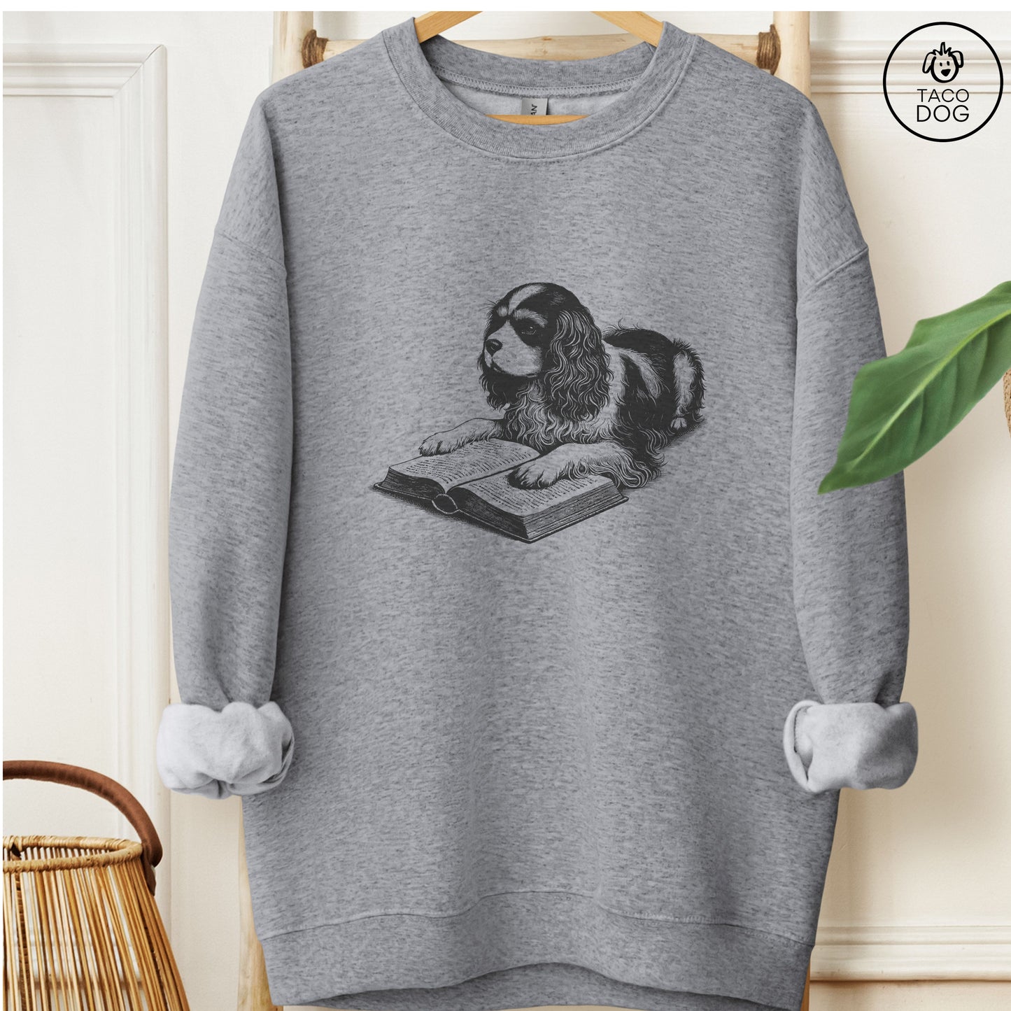 Cavalier King Charles Spaniel Studying Book Sweatshirt Graphite Heather Taco-Dog
