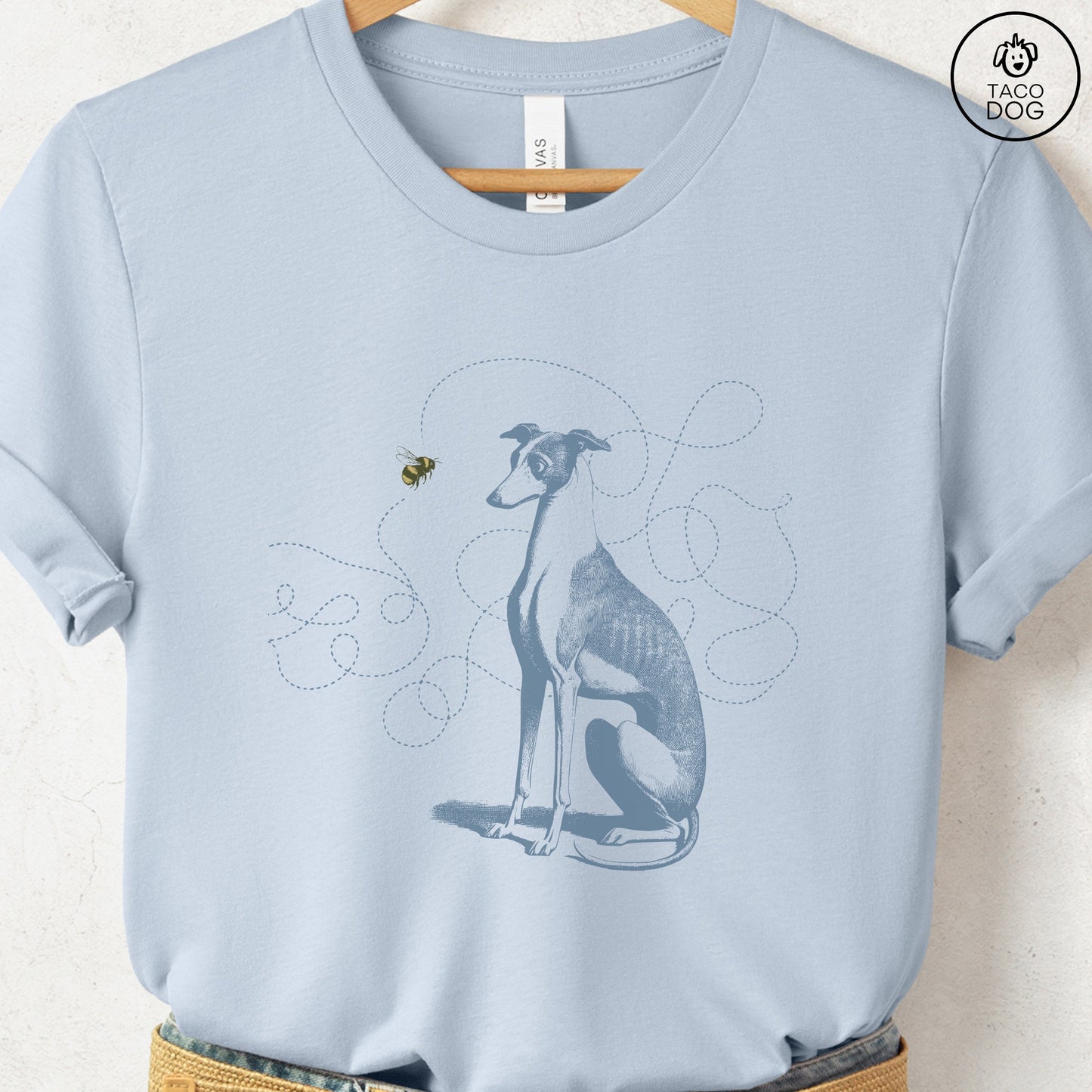 Italian Greyhound Whippet Iggy Bumble Bee T-Shirt Light Blue Taco-Dog
