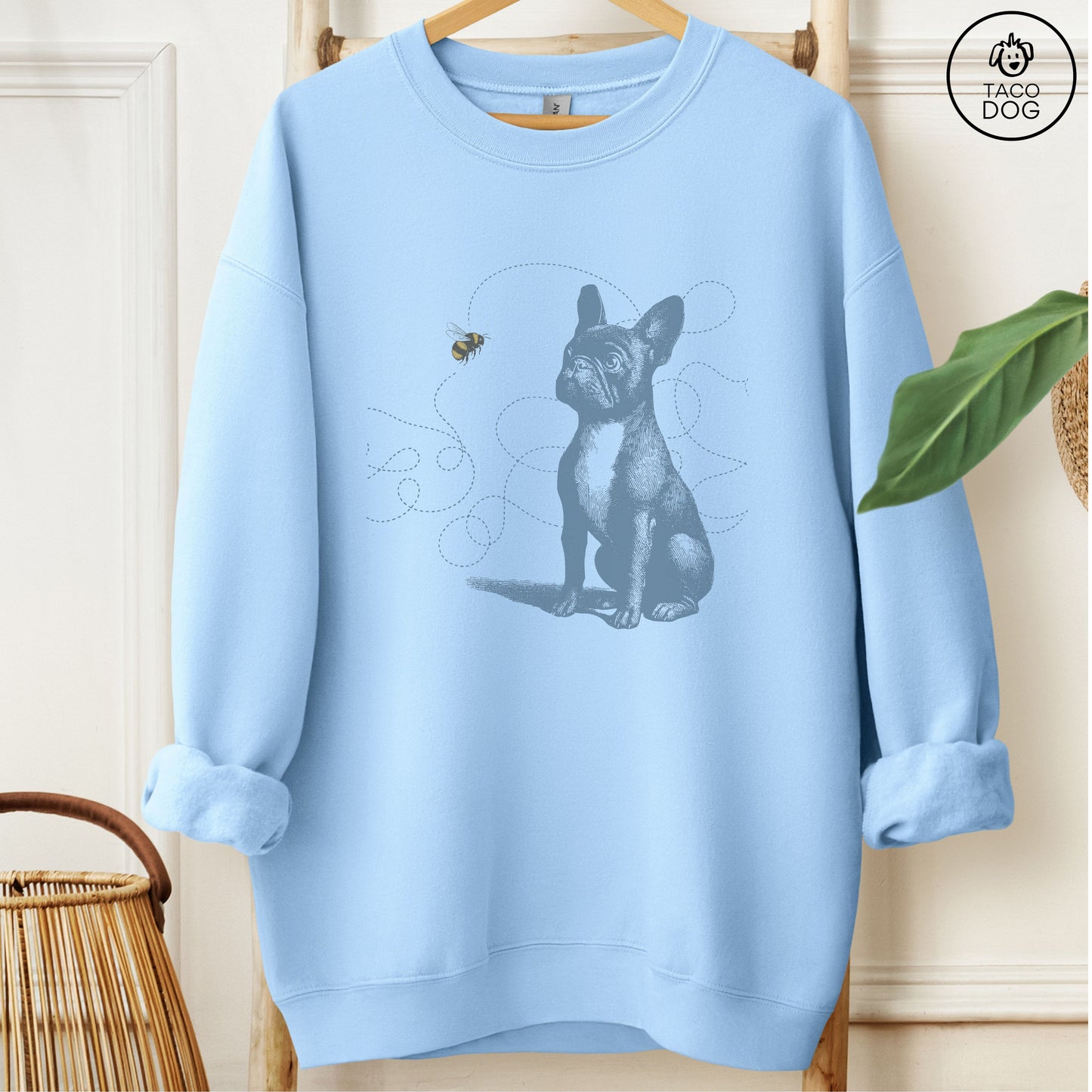 French Bulldog Frenchie Bumble Bee Sweatshirt Light Blue Taco-Dog