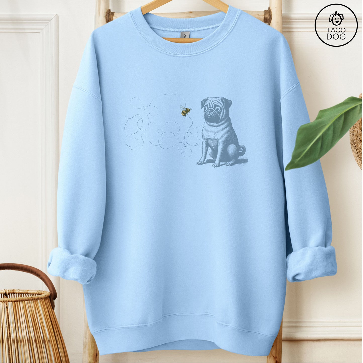 Pug Bumble Bee Sweatshirt Light Blue Taco-Dog