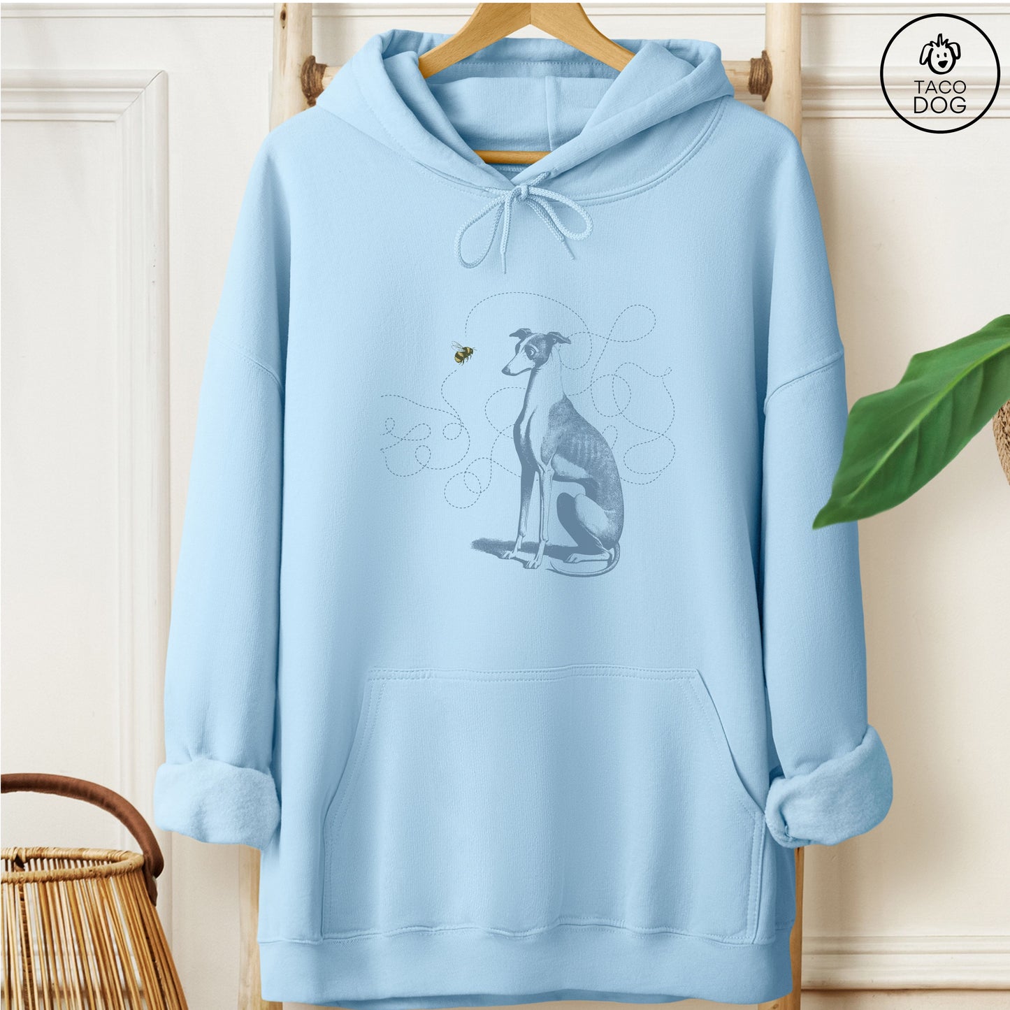 Italian Greyhound Whippet Iggy Bumble Bee Hoodie Light Blue Taco-Dog