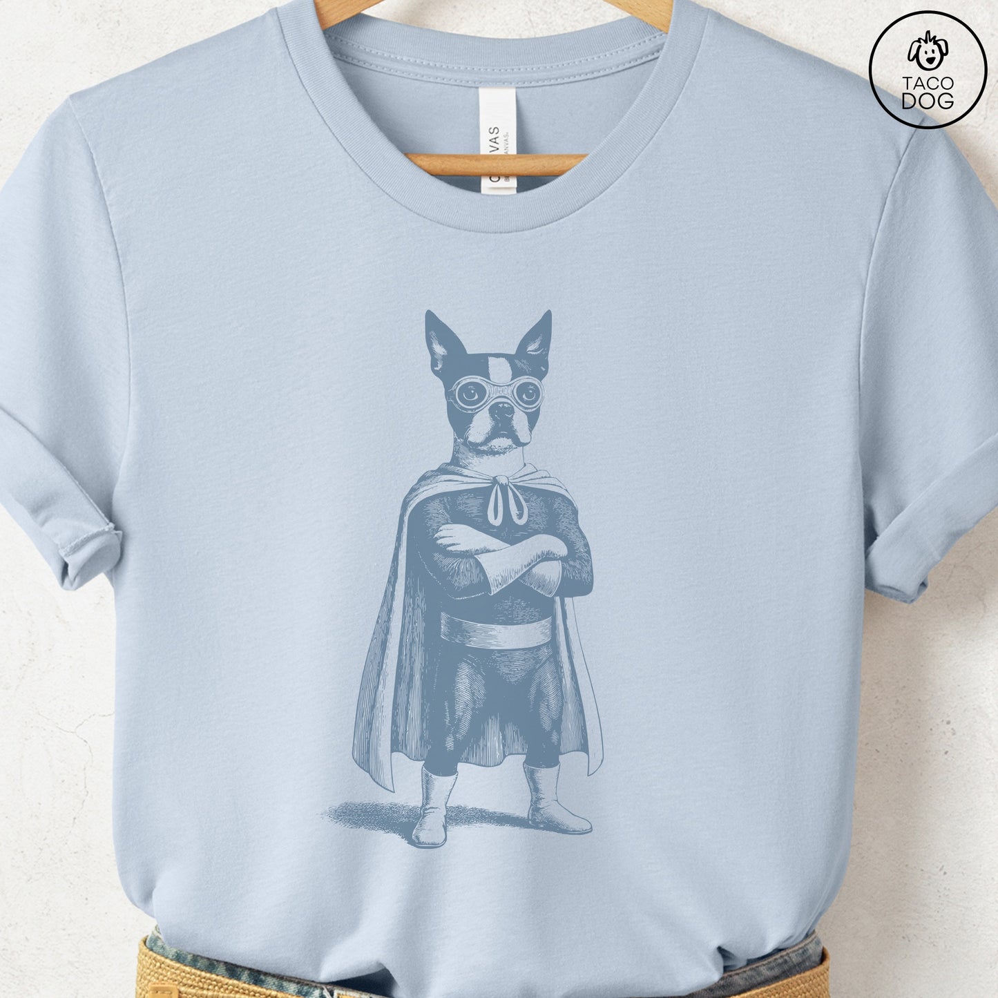Boston Terrier Reluctant Super Hero T-Shirt Light Blue