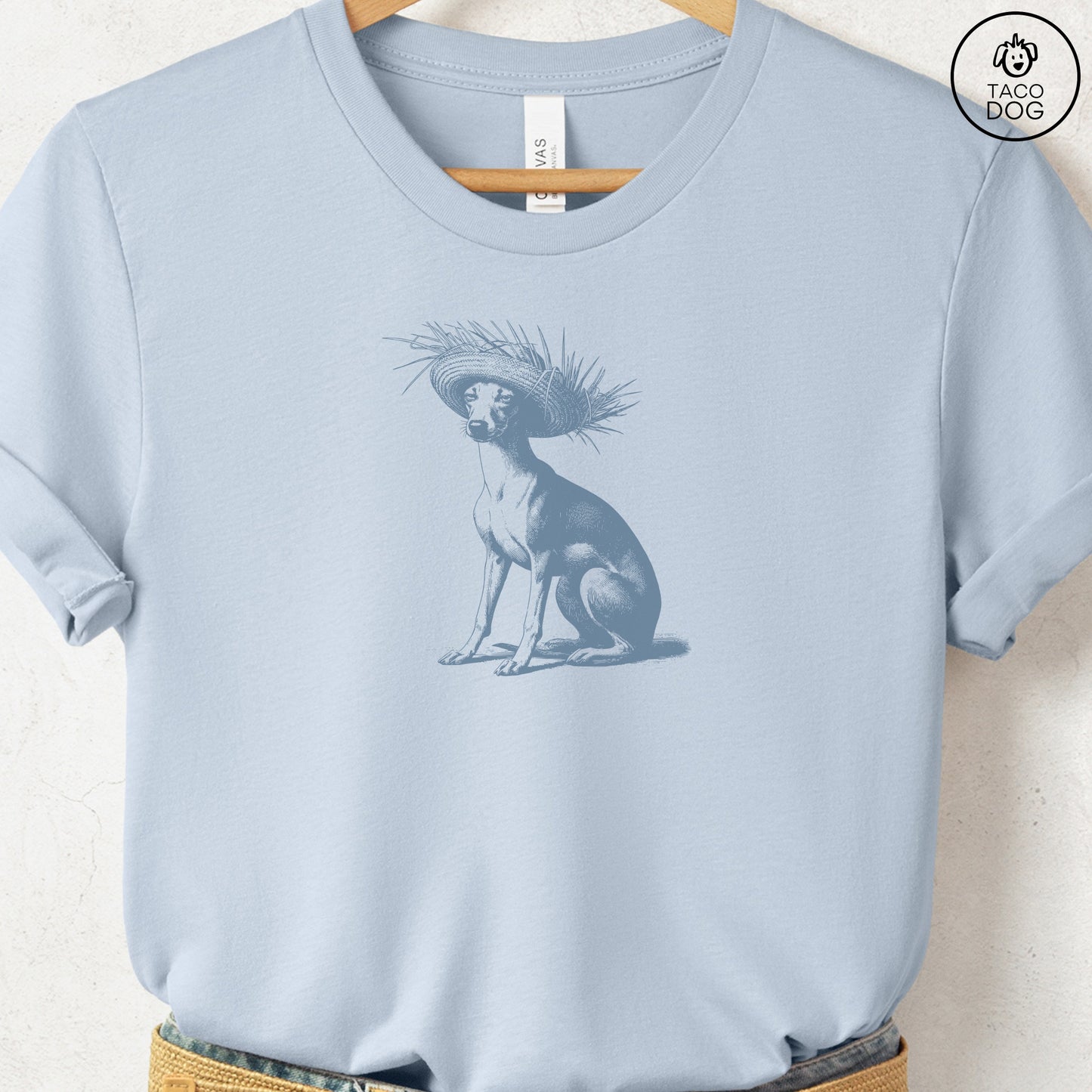 Italian Greyhound Whippet Iggy Pava Jibaro Hat T-Shirt Light Blue Taco-Dog