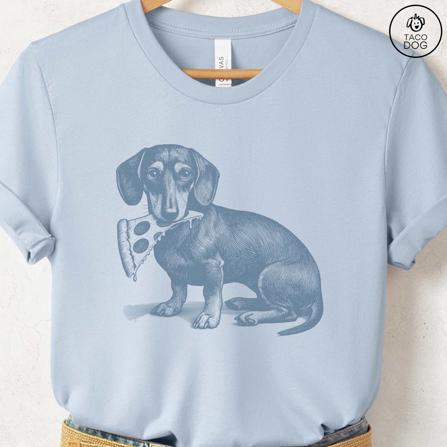 Dachshund Weenie Pizza TShirt Light Blue Taco-Dog