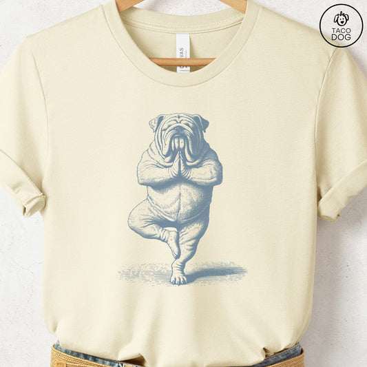 English Bulldog Tree Pose Yoga T Shirt Natural Taco-Dog