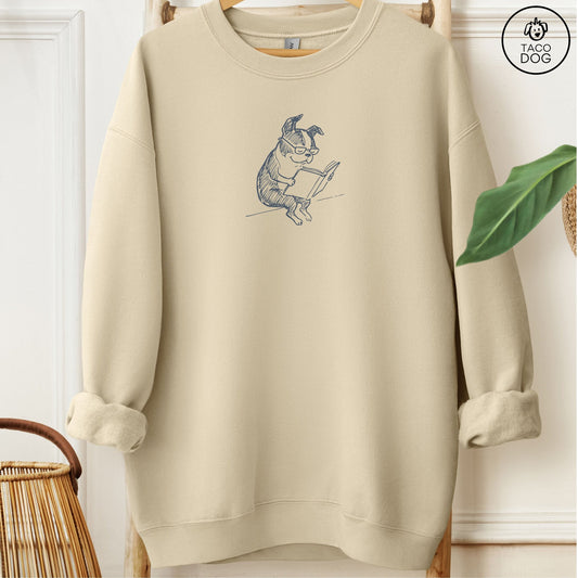 Boston Terrier Reading Book Sketch Sweatshirt Sand Taco-Dog
