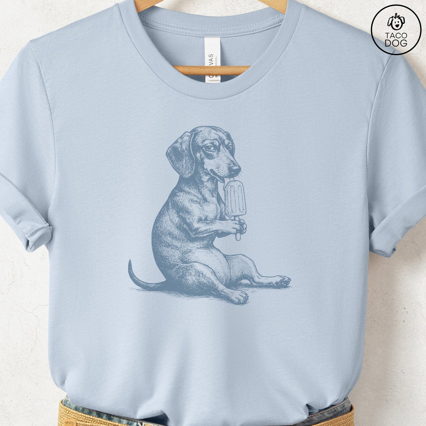 Dachshund Weenie Popsicle T-Shirt Light Blue Taco-Dog