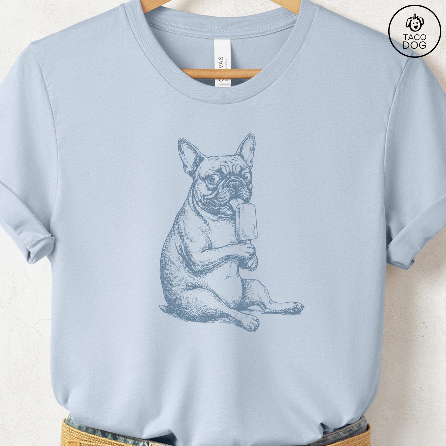 French Bulldog Frenchie Popsicle T-Shirt Light Blue Taco-Dog