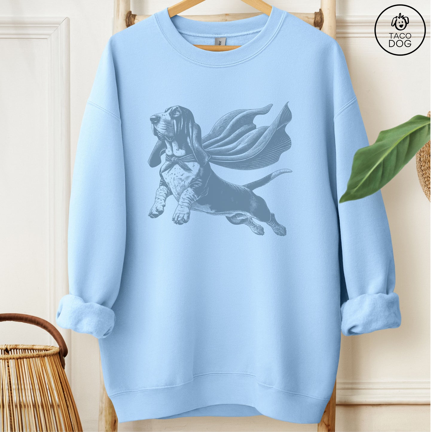 Basset Hound Flying Cape Sweatshirt Light Blue Taco-Dog