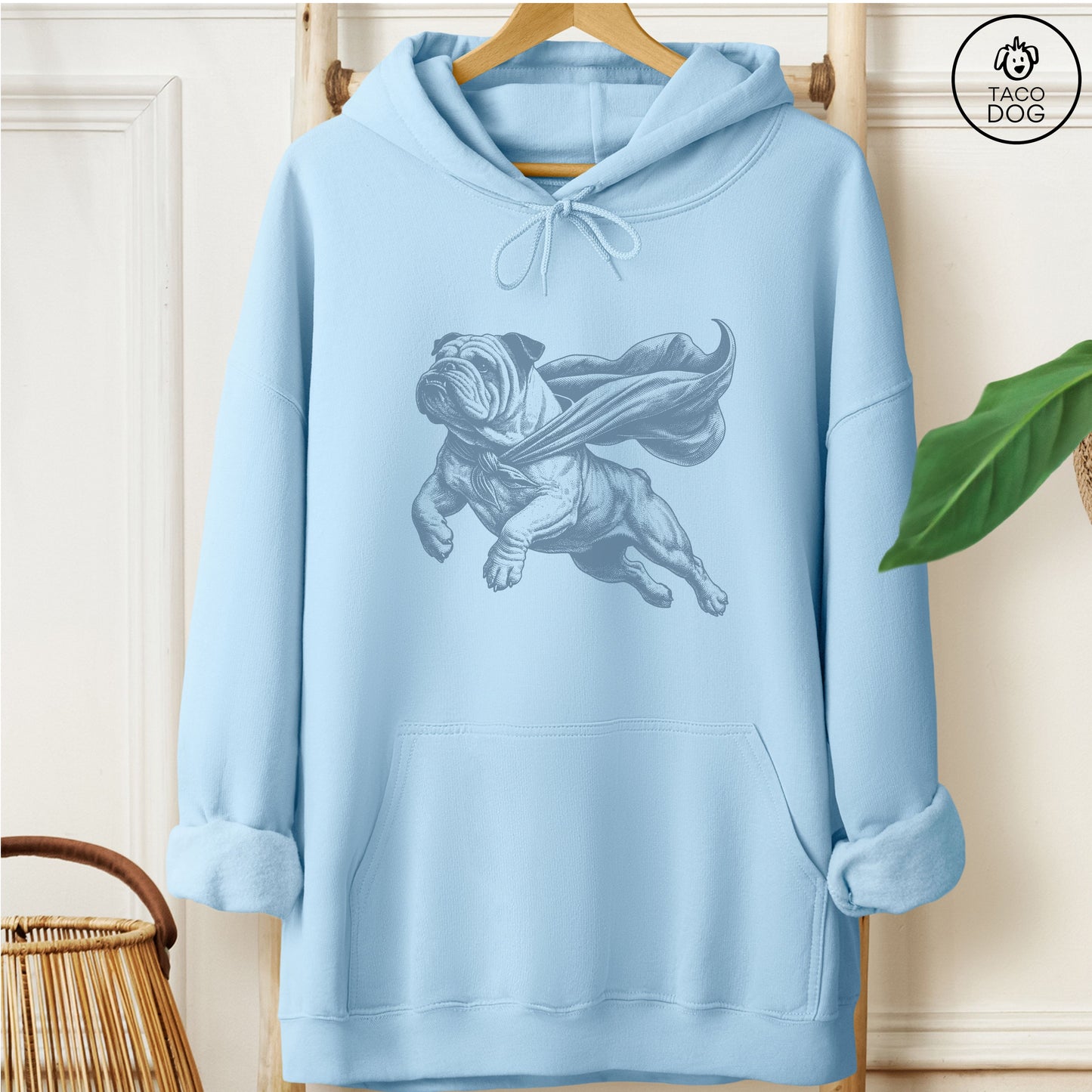 English Bulldog Flying Cape Hoodie Light Blue