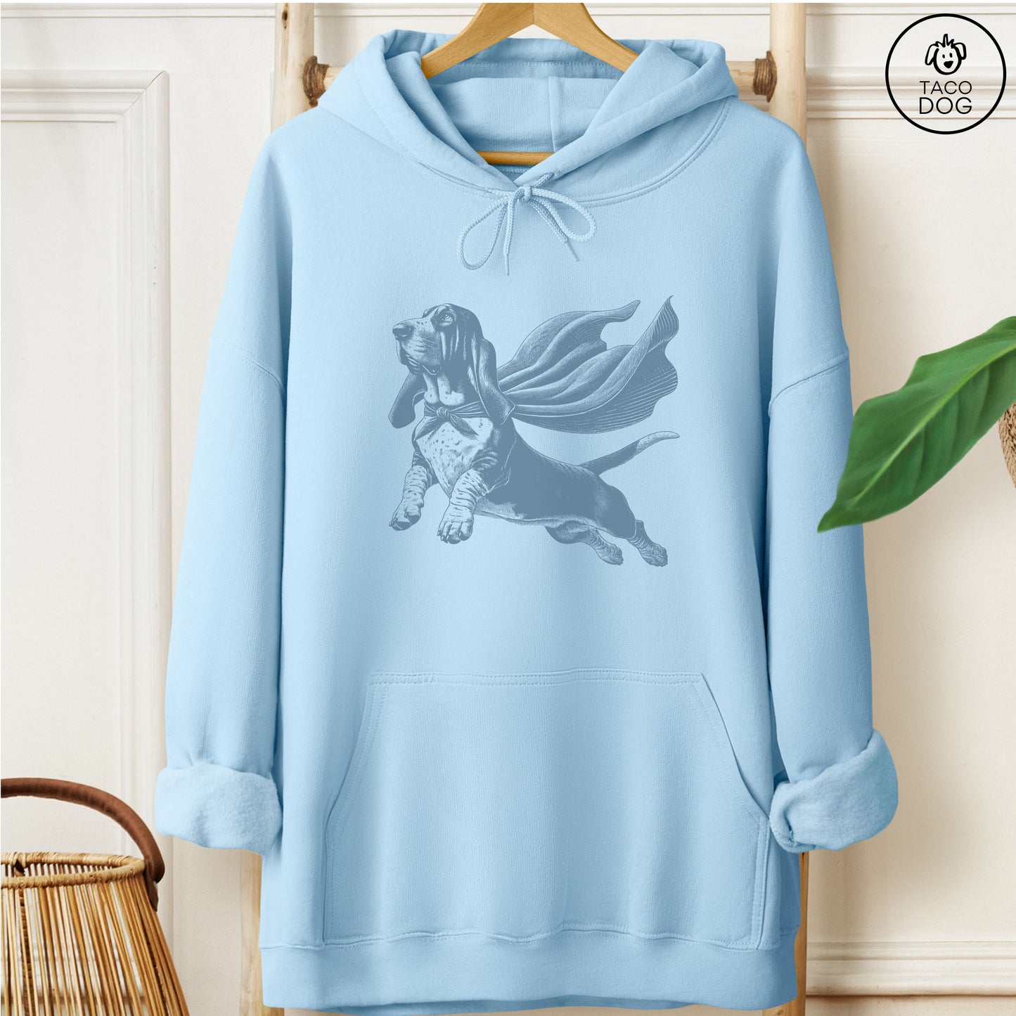 Basset Hound Flying Cape Hoodie Light Blue Taco-Dog