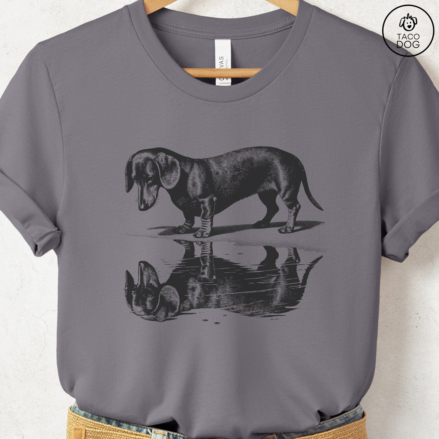 Dachshund Weenie Puddle Reflection T-Shirt Storm Taco-Dog