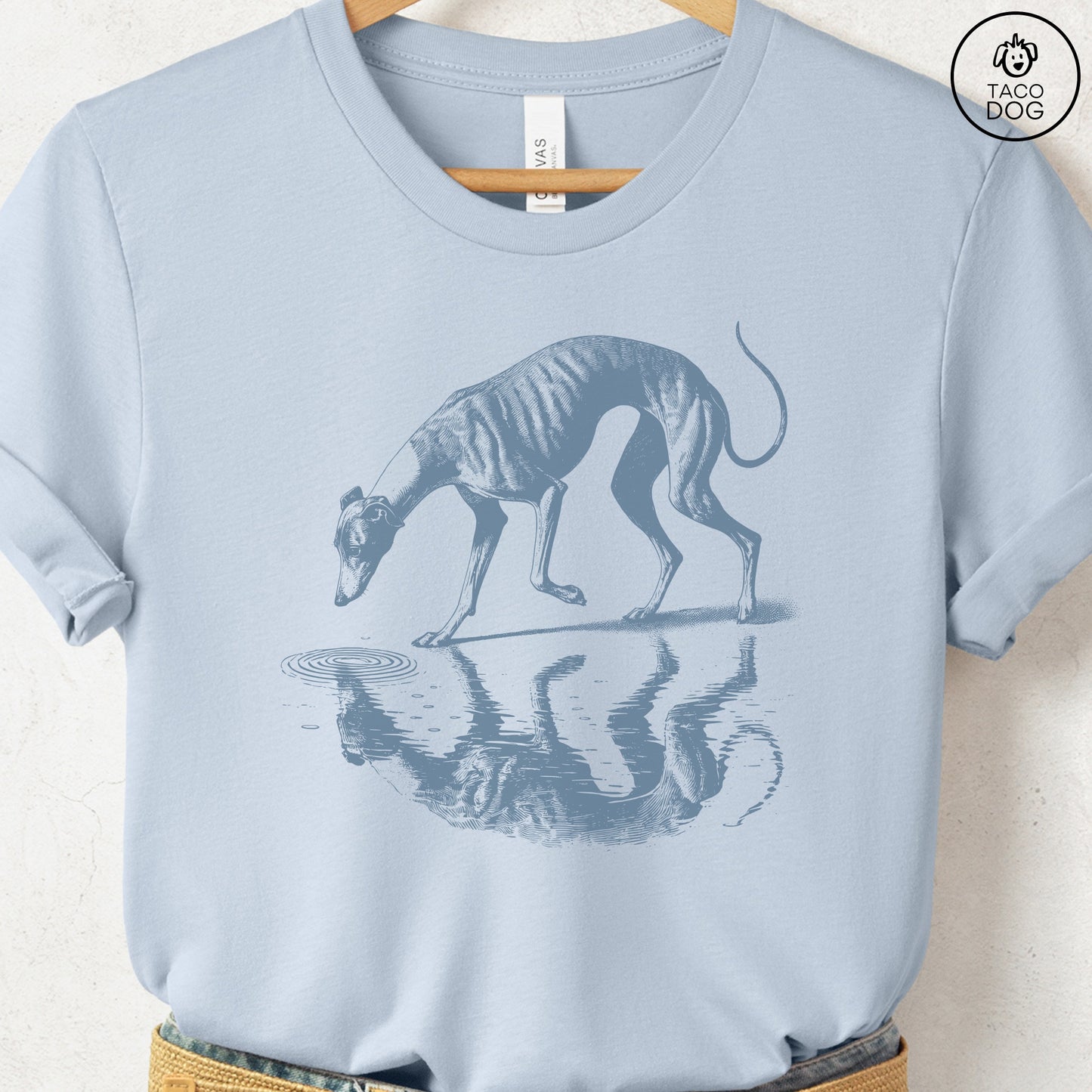 Italian Greyhound Whippet Iggy Puddle Reflection T-Shirt Light Blue Taco-Dog
